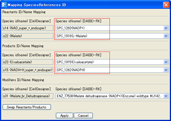 Mapping SpeciesReference ID dialog